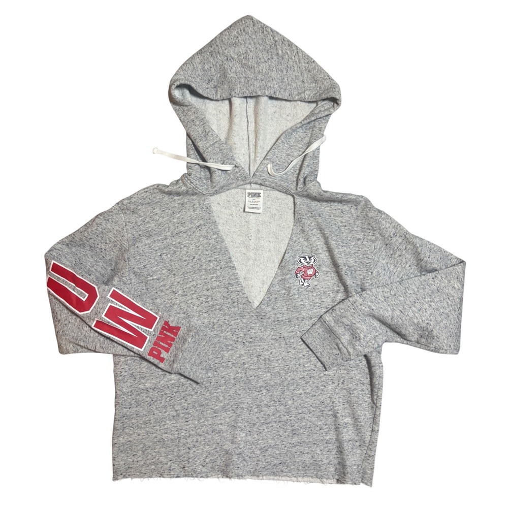 Pink Victoria's Secret Wisconsin Badgers Hoodie XS Grey V-Neck Cropped